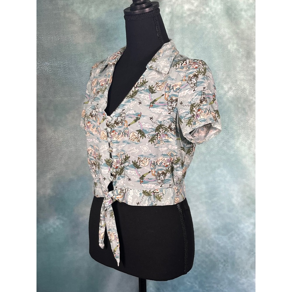 Disney Peter Pan Mermaid Lagoon Tie Front Crop Top Blue Rayon Womens Medium MD - Picture 2 of 7